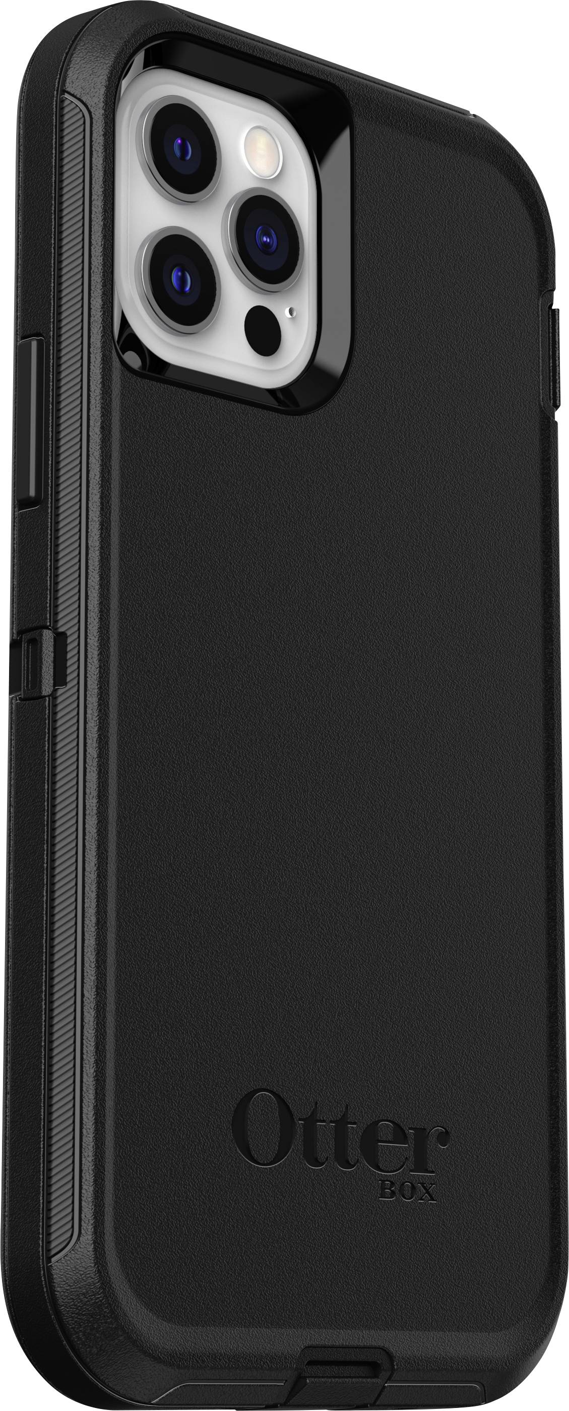 Een zwarte smartphone-hoes van het merk OtterBox, geschikt voor een iPhone, biedt robuuste bescherming en heeft een gestructureerd oppervlak.