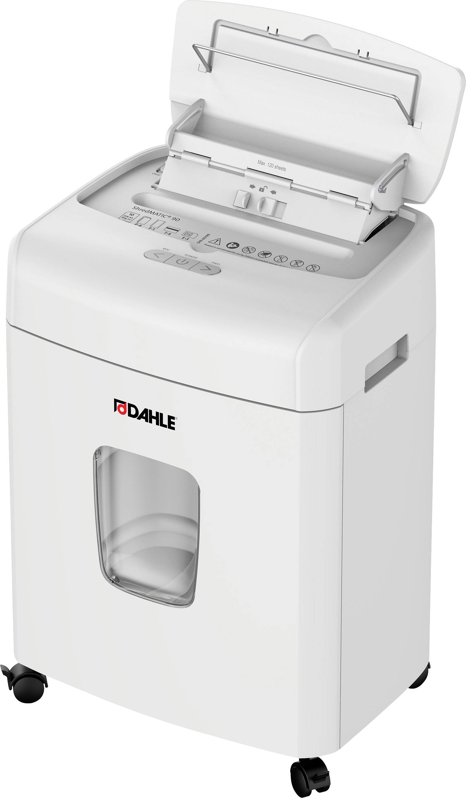 Een witte kantoorpapiervernietiger op wielen met open documentinvoer. Ideaal voor het veilig vernietigen van papieren documenten.