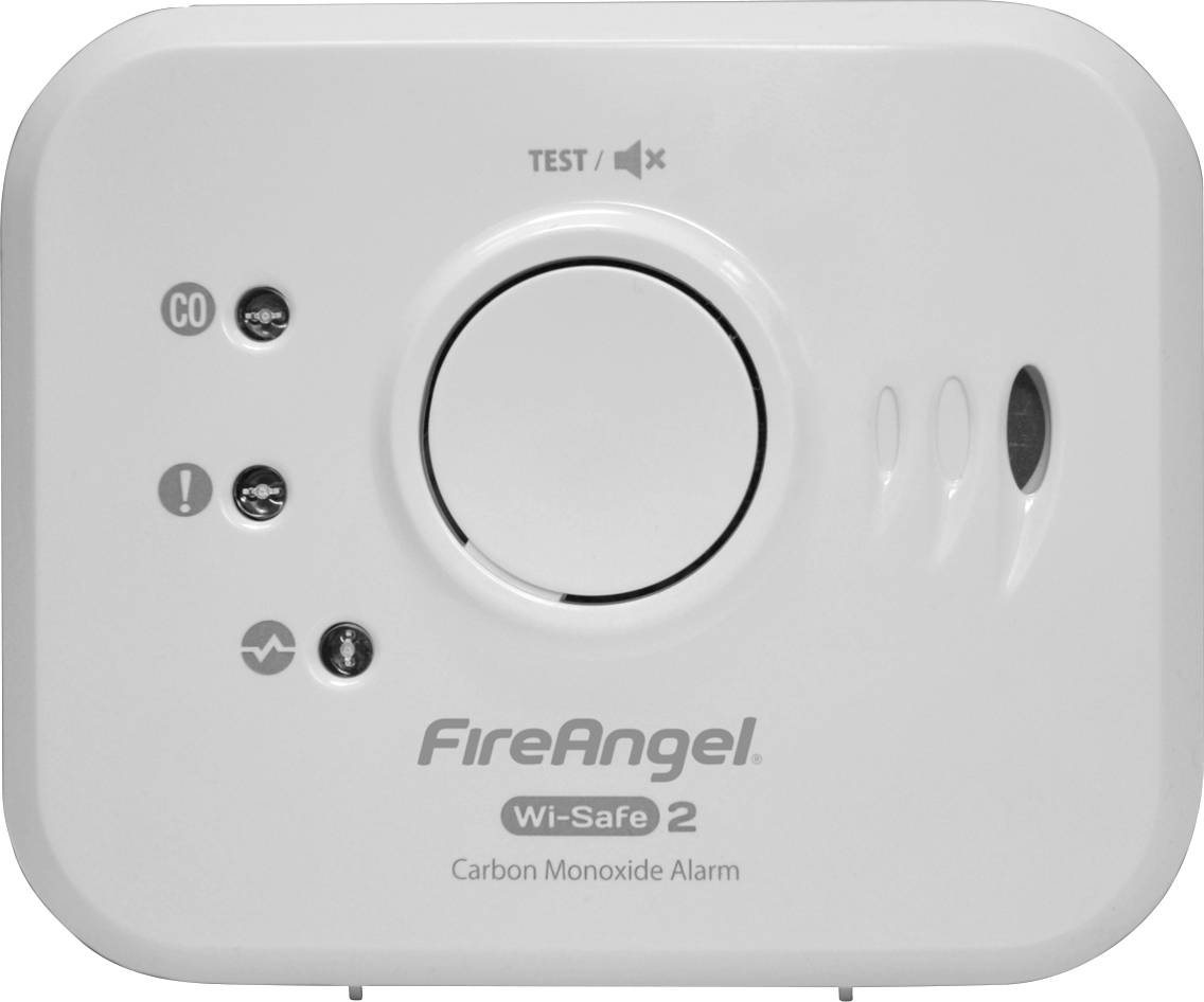 Een koolmonoxidemelder met testknop, LED-indicatoren voor werking, storing en CO-alarm, label 'FireAngel Wi-Safe 2'.