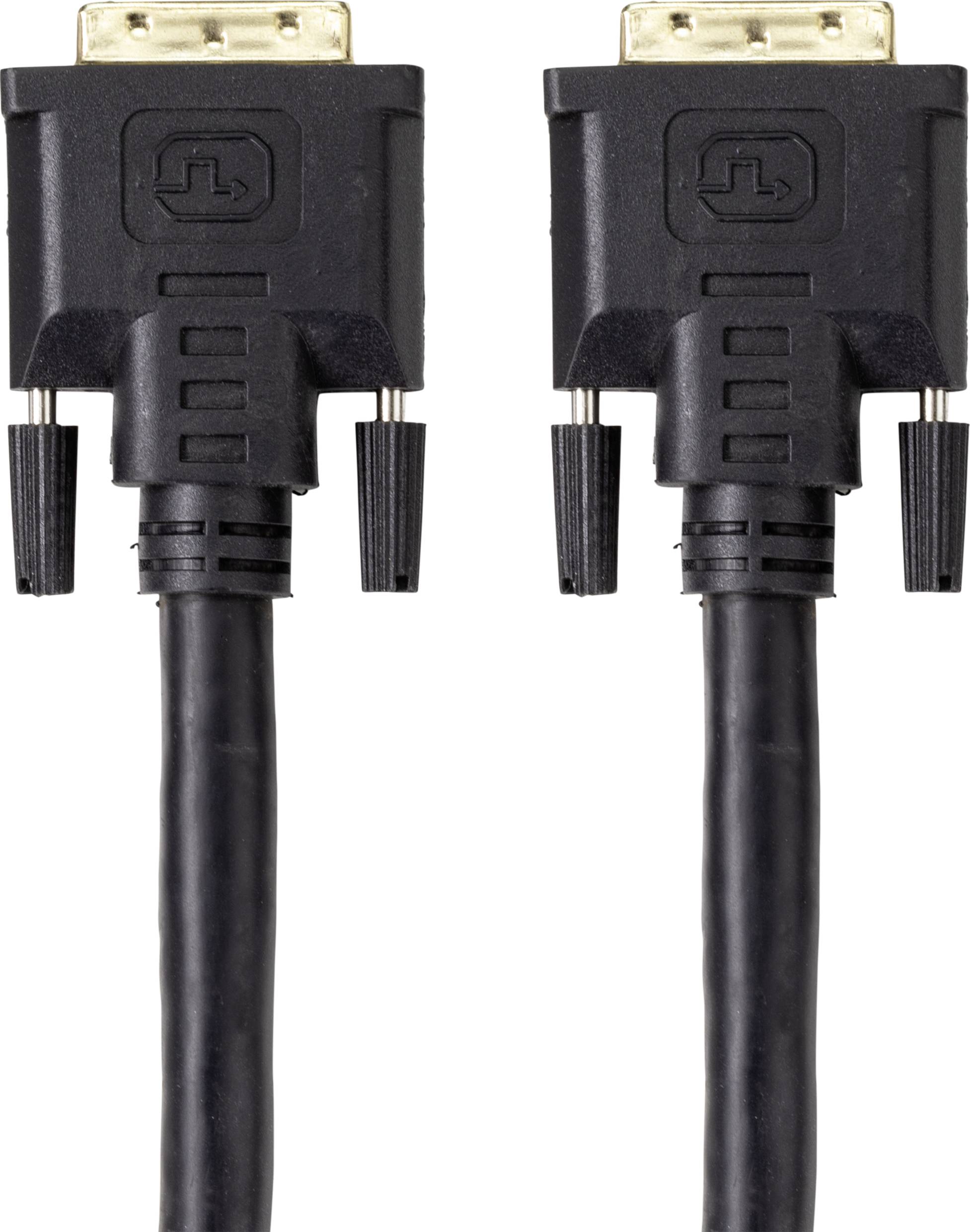 Twee zwarte DVI-kabels met rechthoekige aansluiting en gouden contactpinnen. Geschikt voor het verbinden van monitors en computers.