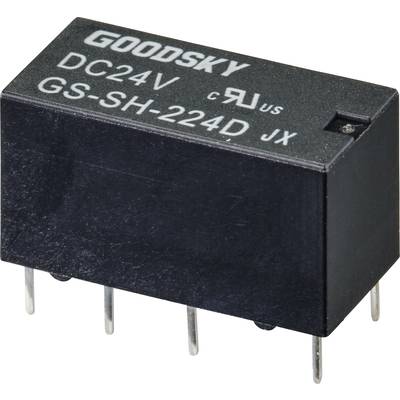 Zwart, rechthoekig relais met het opschrift 'GOODSKY DC24V GS-SH-224D JX', voorzien van zes metalen pinnen voor elektronische schakelingen.