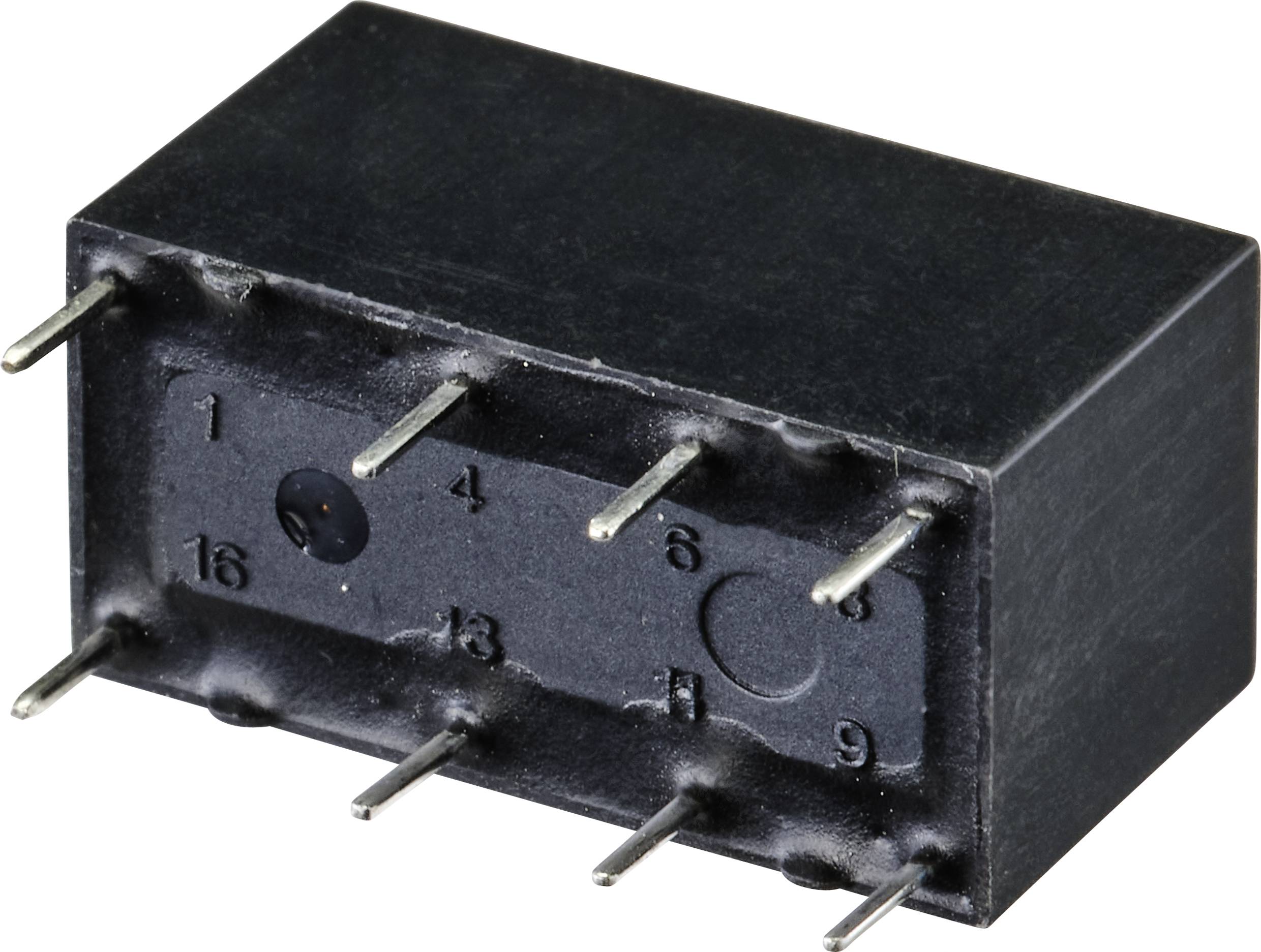 Een rechthoekig, zwart elektronisch component met zestien uitstekende pinnen.