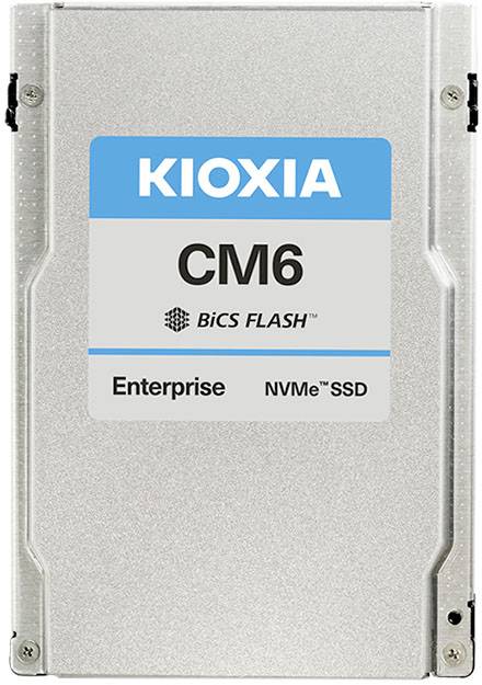 'KIOXIA CM6 BiCS FLASH Enterprise NVMe SSD' afgebeeld op een zilveren behuizing.