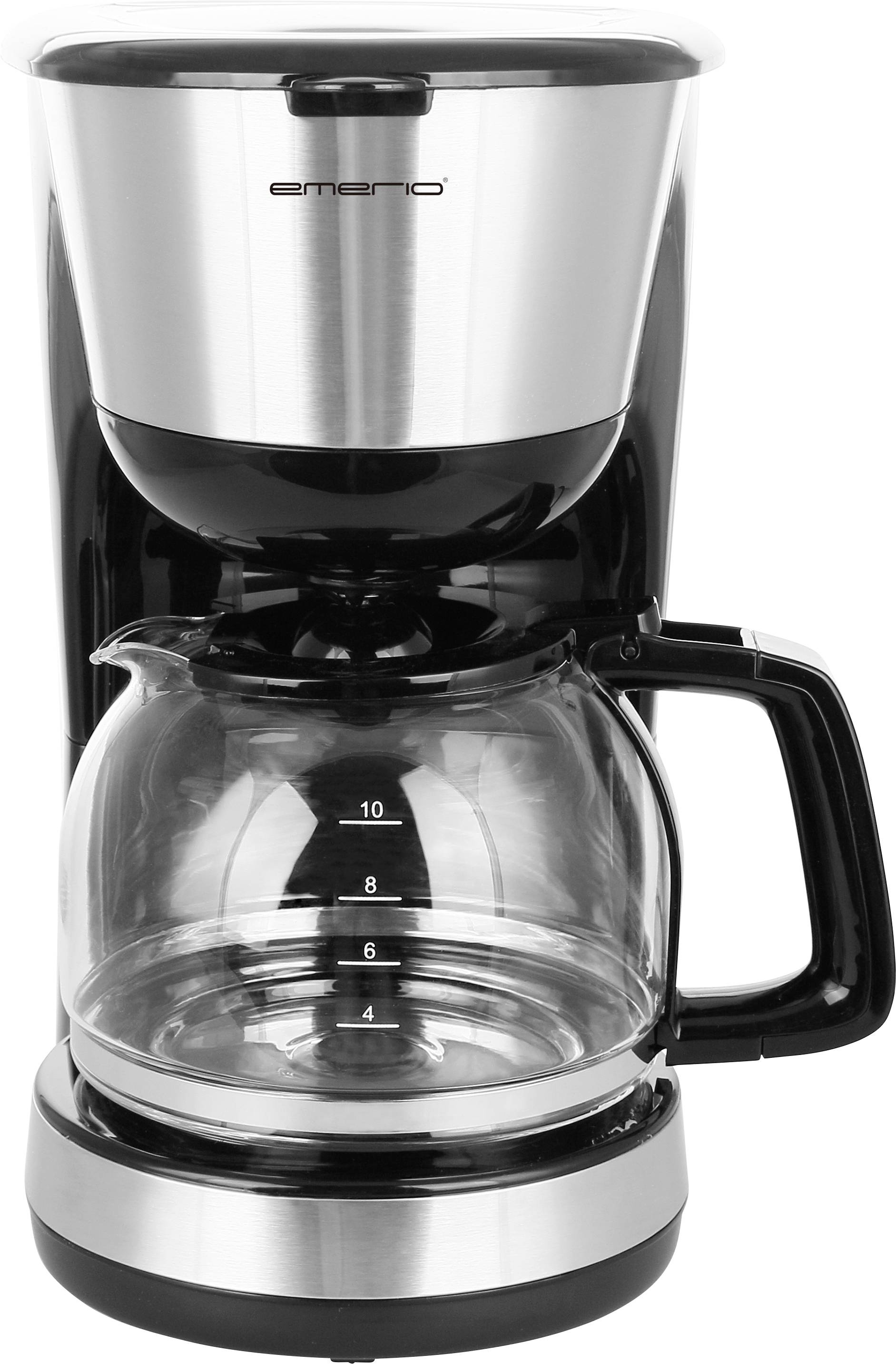 Zwarte koffiemachine met glazen kan, zilveren accenten en een schaal van 2 tot 10 koppen op de kan.