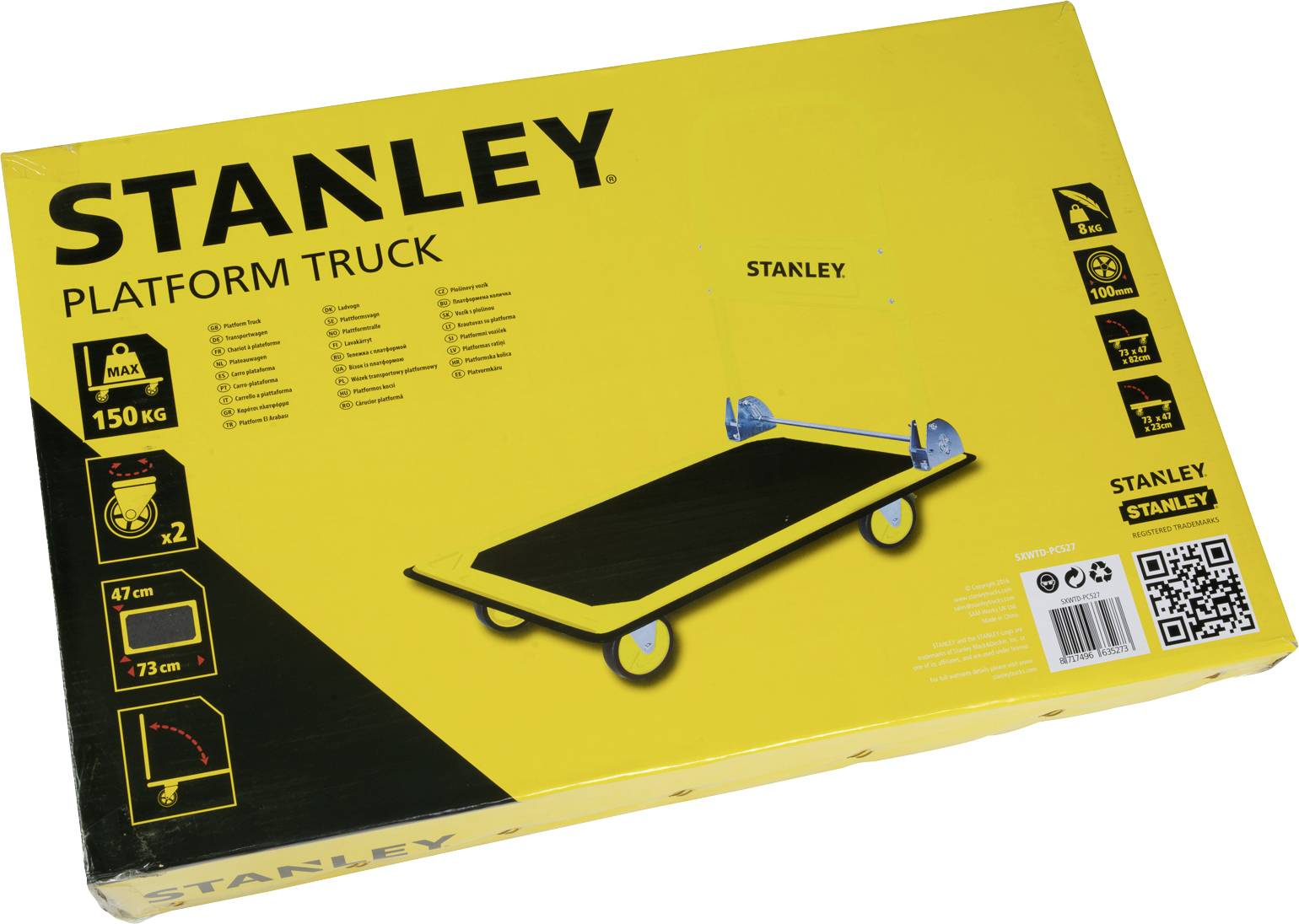 Verpakking van een gele Stanley platformwagen, toont afbeelding van de wagen, capaciteit 150 kg, afmetingen 73 cm lengte, 47 cm breedte.