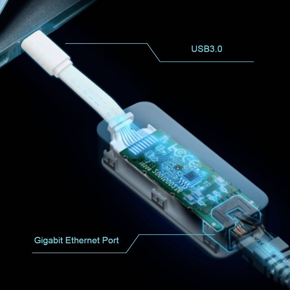 Een USB 3.0-adapter die in een Gigabit-Ethernet-poort is gestoken, toont de verbinding tussen USB en netwerk.
