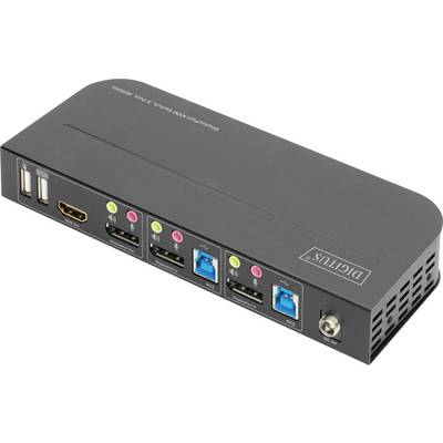 'Digitus KVM Switch DA-70352' – Achterkant toont USB-aansluitingen, HDMI, audio-aansluitingen en LAN-poort voor het verbinden van meerdere computers.