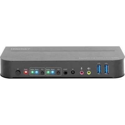 Een KVM-switch met aansluitingen aan de voorzijde, waaronder twee USB-3.0-poorten, audio- en microfonaansluitingen, LED-indicatoren en bedieningsknoppen.