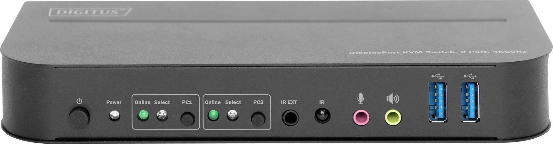 Een compacte KVM-switch met knoppen voor apparaatbediening, aansluitingen voor audio en twee USB 3.0-poorten voor randapparatuur.