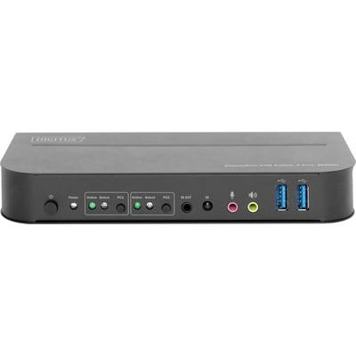 Een compacte KVM-switch met knoppen voor apparaatbediening, aansluitingen voor audio en twee USB 3.0-poorten voor randapparatuur.
