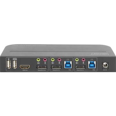 Een KVM-switch met meerdere aansluitingen: twee USB, HDMI, vier DisplayPort-poorten, vier audio-in-/uitgangen, twee pc-schakelaars, DC-ingang.