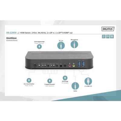'DIGITUS DS-12850 KVM-switch met 2 poorten; aansluitingen: prestatiepunt, IR-link, microfoon, aan-/uitschakelaar, invoerstatus, 2 USB 3.0, audio.'