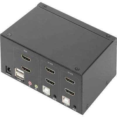 Een zwarte HDMI-splitter met meerdere ingangs- en uitgangspoortes en een USB-aansluiting aan de voorkant.