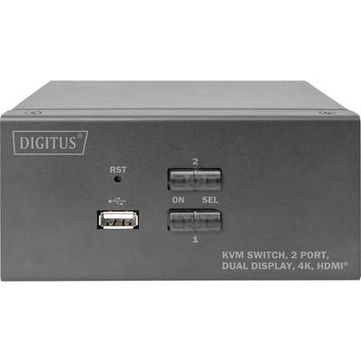 Een zwarte KVM-switch met twee knoppen voor HDMI-aansluitingen. Gemerkt met 'DIGITUS' en 'KVM SWITCH, 2 POORTEN, DUBBEL DISPLAY, 4K, HDMI'.