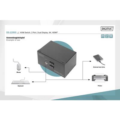 'Diagram toont KVM-switch met aansluitingen voor muis, toetsenbord, externe harde schijf en printer. Bovenste tekst: DS-12860 informatie.'