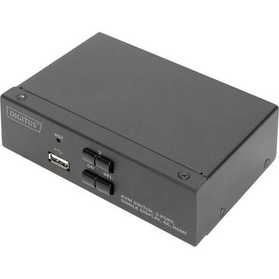 Zwarte KVM-switch met twee knoppen en een USB-aansluiting aan de voorkant. Tekst op het apparaat: 'KVM Switch, 2-Poorts, Enkele Display, 4K, HDMI'.