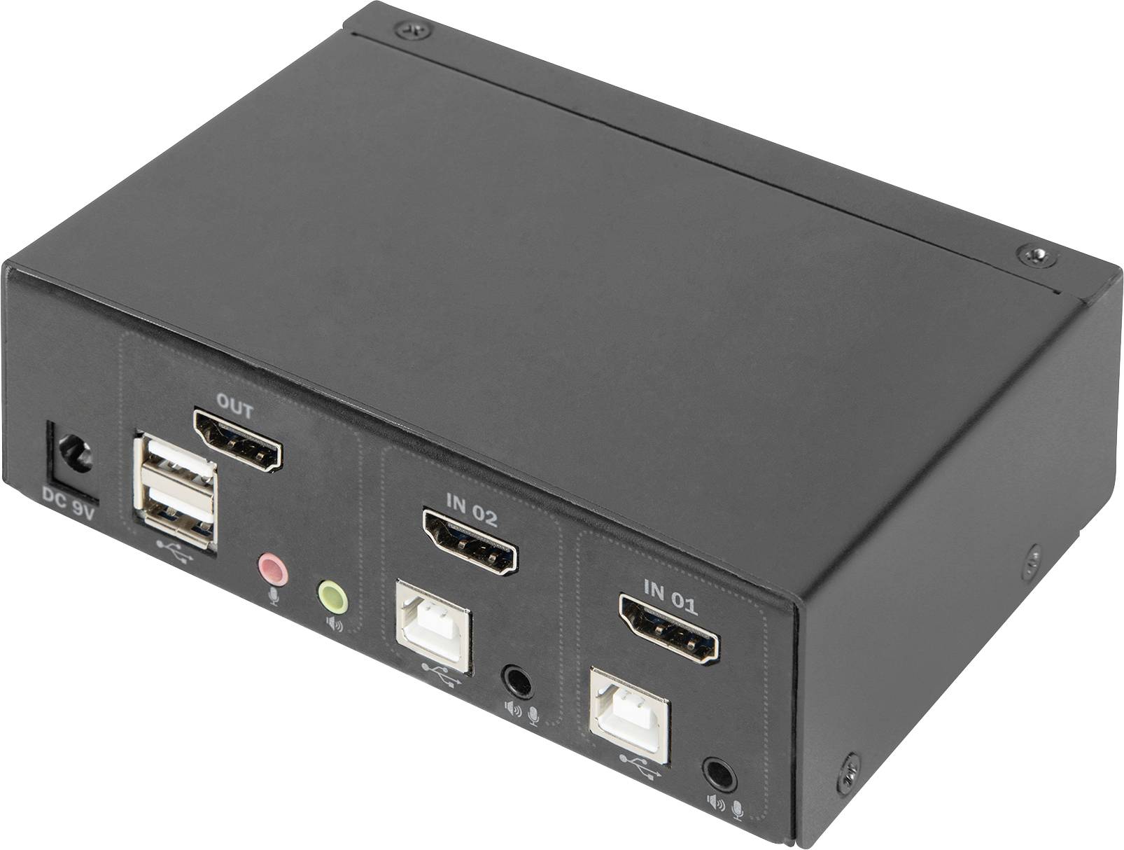 Zwart elektronisch apparaat met meerdere USB- en HDMI-poorten aan de voorkant, netstroomaansluiting aan de linkerkant.