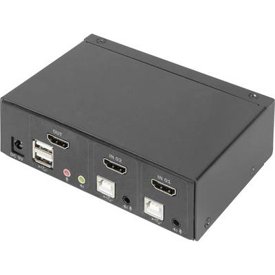 Zwart elektronisch apparaat met meerdere USB- en HDMI-poorten aan de voorkant, netstroomaansluiting aan de linkerkant.