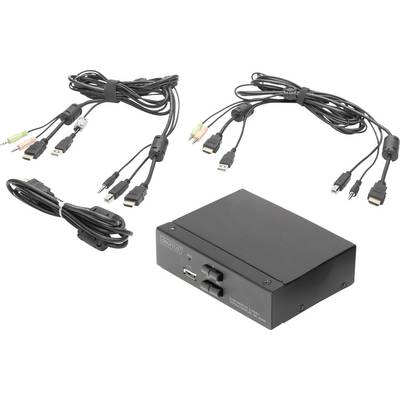 Een zwart stuurapparaat met meerdere kabels, waaronder HDMI- en audiokabels, voor het verbinden en besturen van elektronische apparaten.