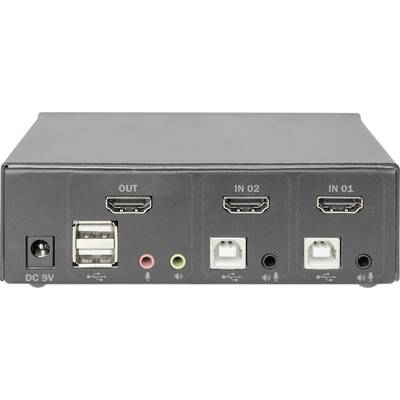 Zwart elektronisch apparaat met drie HDMI-poorten, twee USB-poorten en audioaansluitingen aan de voorzijde, gemarkeerd als 'OUT', 'IN 02', 'IN 01'.