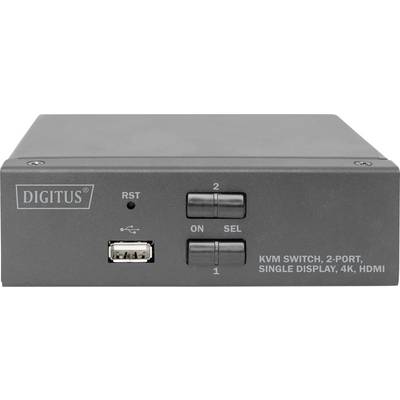 Zwarte KVM-switch van Digitus met twee schakelaars en USB-aansluiting aan de voorzijde. Model voor 2 poorten, enkele monitor, 4K, HDMI.