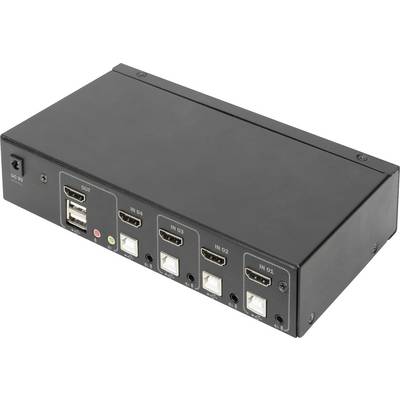Zwarte HDMI-splitter met vijf ingangen, één uitgang en USB-poorten aan de voorkant, geschikt voor AV-aansluitingen.