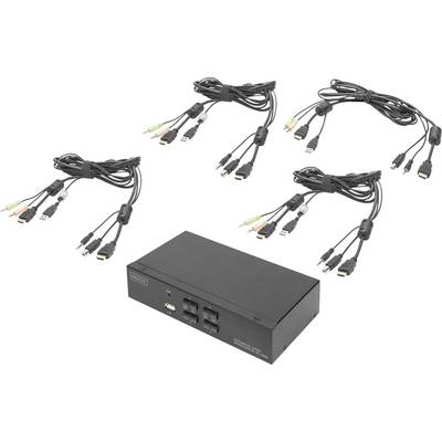Een zwarte KVM-switch met vier sets aansluitkabels. Elk set bevat HDMI-, USB- en audio-aansluitingen.