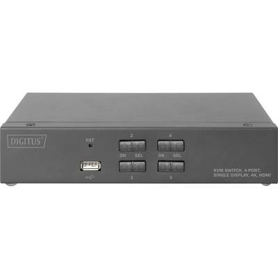 Een grijze KVM-switch met vier poorten en HDMI-aansluiting. Voorzijde toont knoppen voor poort selectie en een USB-aansluiting.