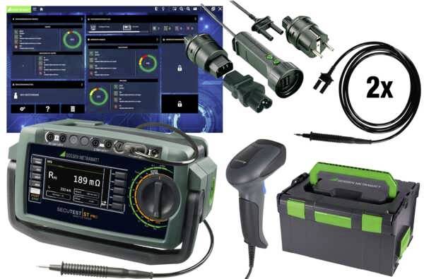 Elektrisch testapparaat in koffer met toebehoren: twee kabels, stekker, scanner en scherm met testresultaatweergave.