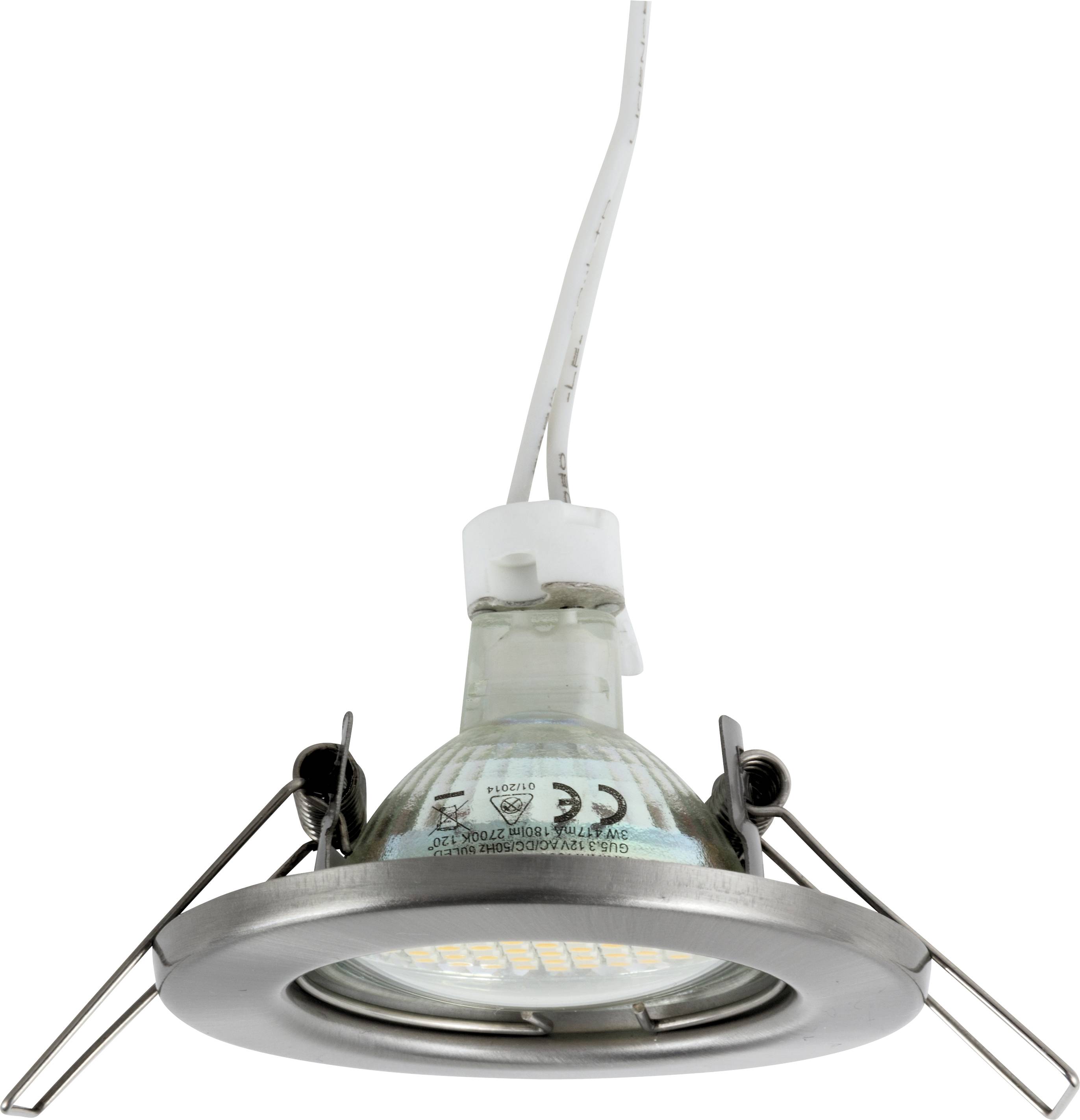 Zilveren LED-spot voor plafondmontage met geïntegreerde clips en zichtbaar stroomsnoer, geschikt voor binnenverlichting.