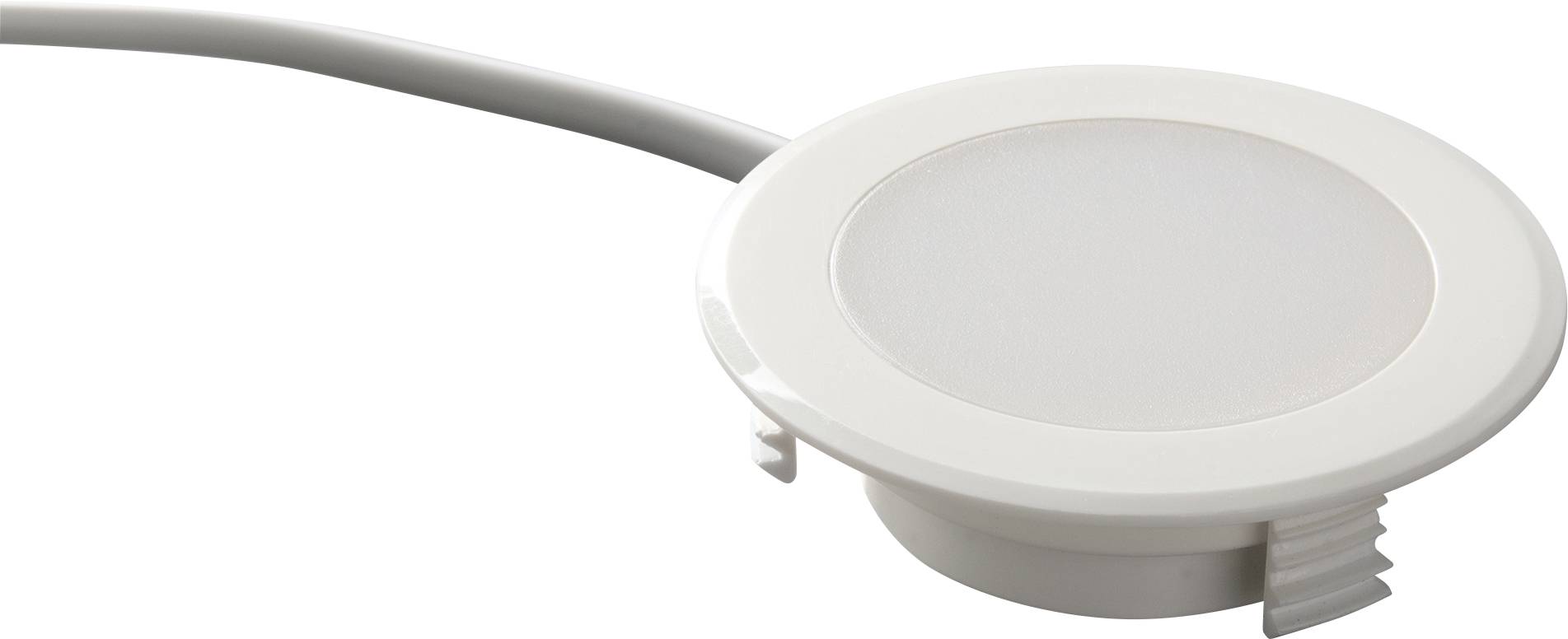 Een ronde, witte LED-inbouwspot met kabel, geschikt voor discrete verlichting in meubilair of voor het accentueren van binnenruimtes.