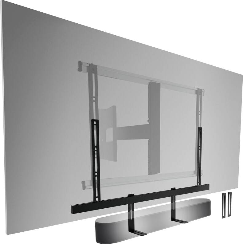 Wandsteun voor tv met soundbar-houder, toont de achterkant van een televisie met gemonteerde rails en bevestigingselementen.
