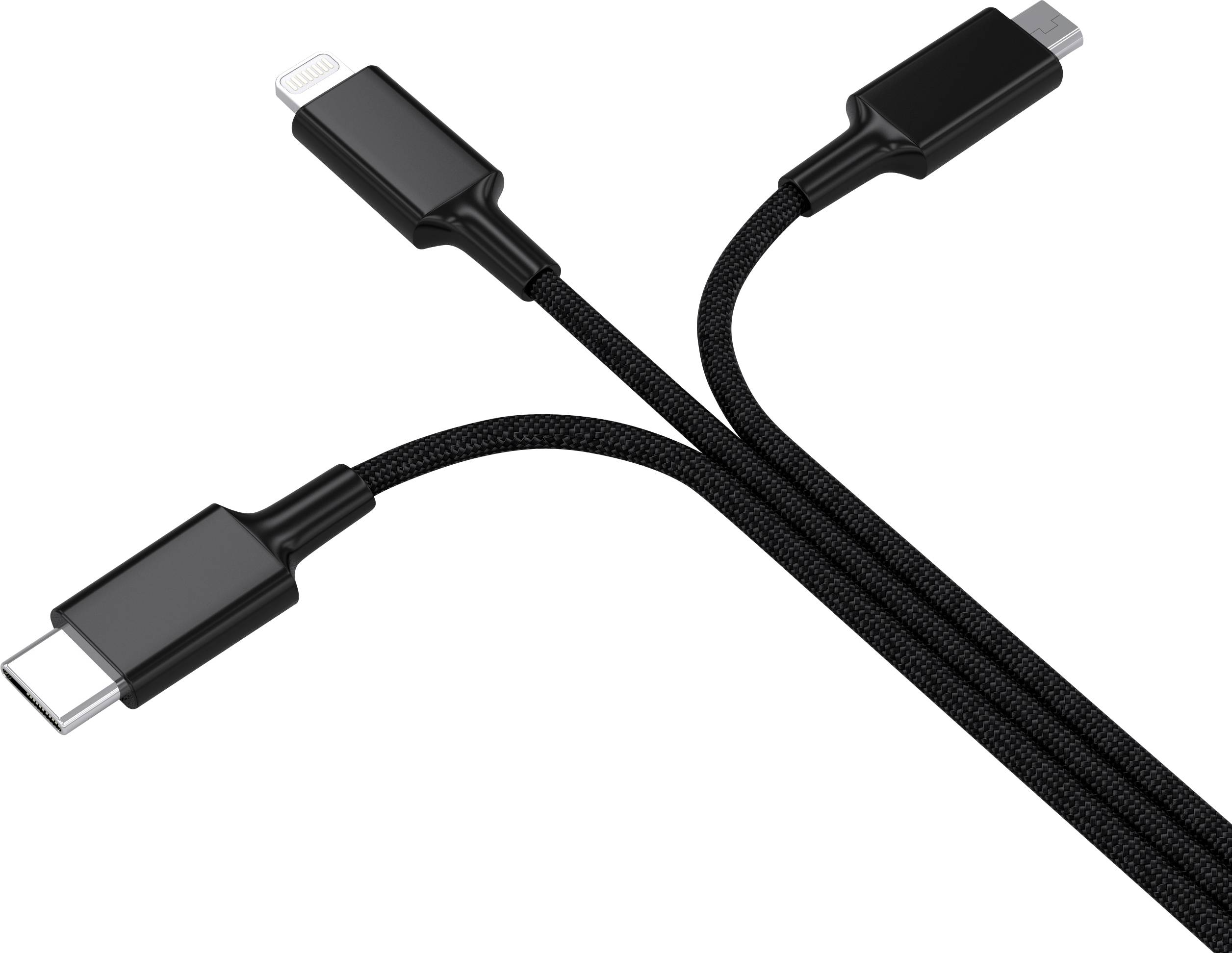 Drie met elkaar verbonden oplaadkabels: USB-C, Micro-USB en Lightning. Zwart met gevlochten ontwerp, op witte achtergrond.