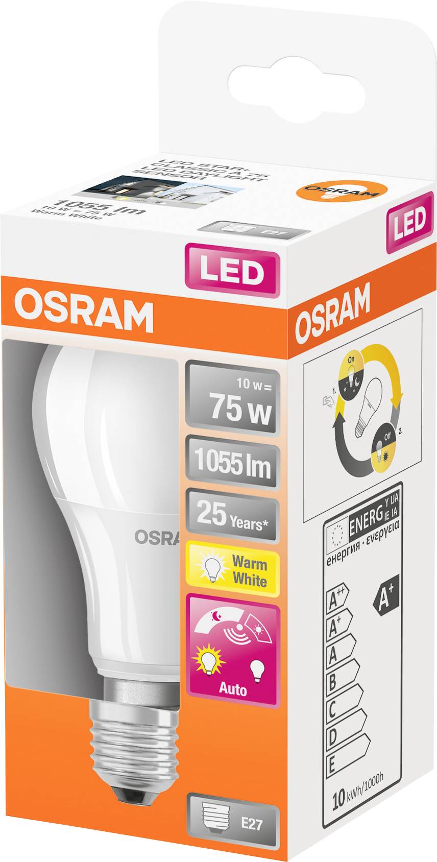'OSRAM LED-lamp, 10 W, 1055 lm, 75 W vervanger, Warmwit, Energieklasse A+, E27 fitting. Verpakking toont productdetails.'