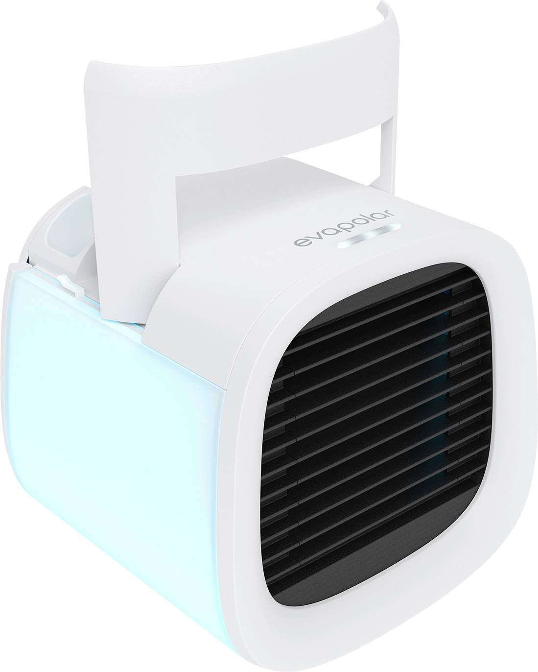 Een draagbare, witte aircooler met een felblauwe zijkant en zwarte ventilatie aan de voorkant. Een merknaam 'evapolar' is bovenaan zichtbaar.
