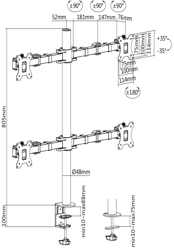 'Montagehandleiding voor een dubbele monitorsteun. Afmetingen in millimeters: 52-181-147-76, hoogte 805, diameter 48. Kantelhoek +35/-35 graden.'