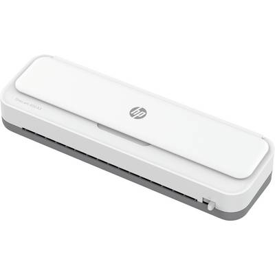 Een witte, draagbare HP-printer met grijze accenten, compact en rechthoekig, geschikt voor mobiele apparaten.