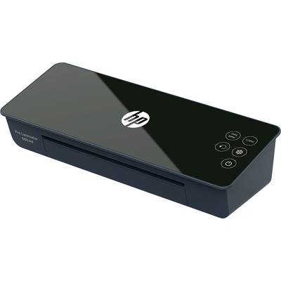 Een zwarte lamineermachine met het 'HP' logo op de bovenkant. Bedieningsknoppen voor 'Aan/Uit', 'Hulpmiddelen' en 'Terug' zijn rechts zichtbaar.