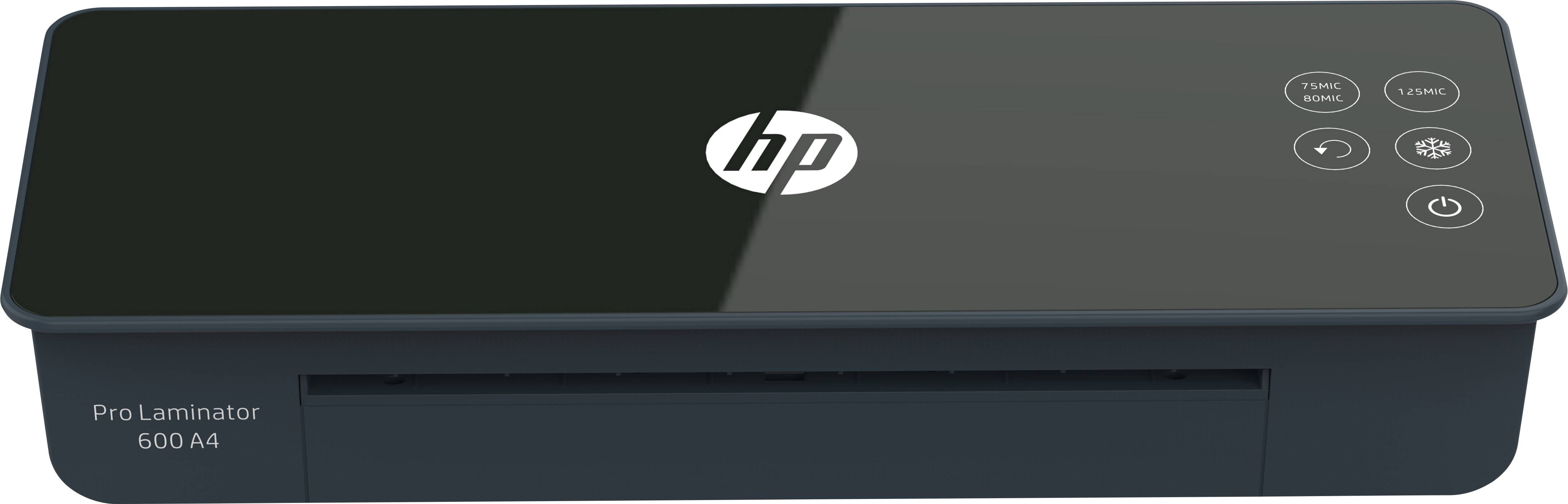 Een lamineerapparaat in het zwart met bedieningspaneel. Aan de voorkant staat 'Pro Laminator 600 A4'. Hoofdtoetsen zichtbaar op het oppervlak.
