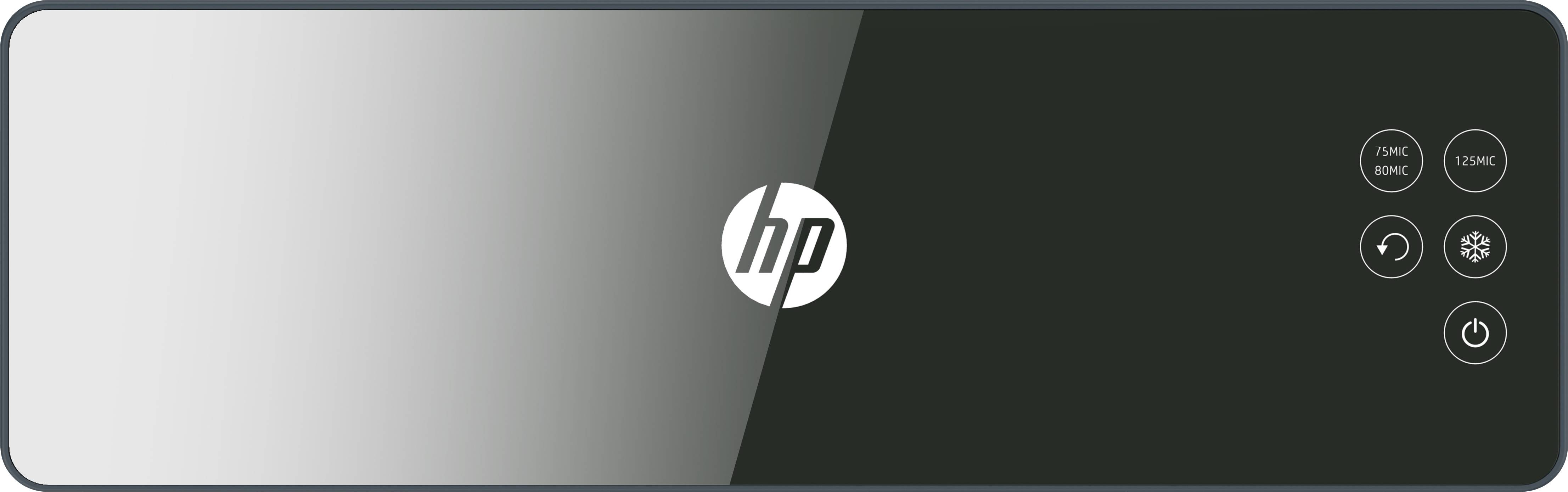 Een zwart glazen oppervlak van een apparaat met het HP-logo in het midden. Rechts bevinden zich vier aanraakbedieningen voor verschillende functies.