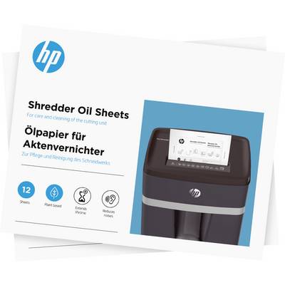 Oliepapiertjes voor papiervernietigers van HP. Op de verpakking staan de voordelen: 12 vellen, plantaardig, verlengt levensduur, reduceert lawaai.