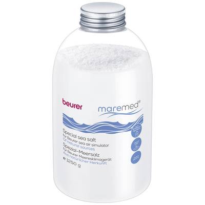 Een transparante plastic fles met 1250 g speciaal zeezout, geschikt voor de Beurer maremed luchtsimulator.