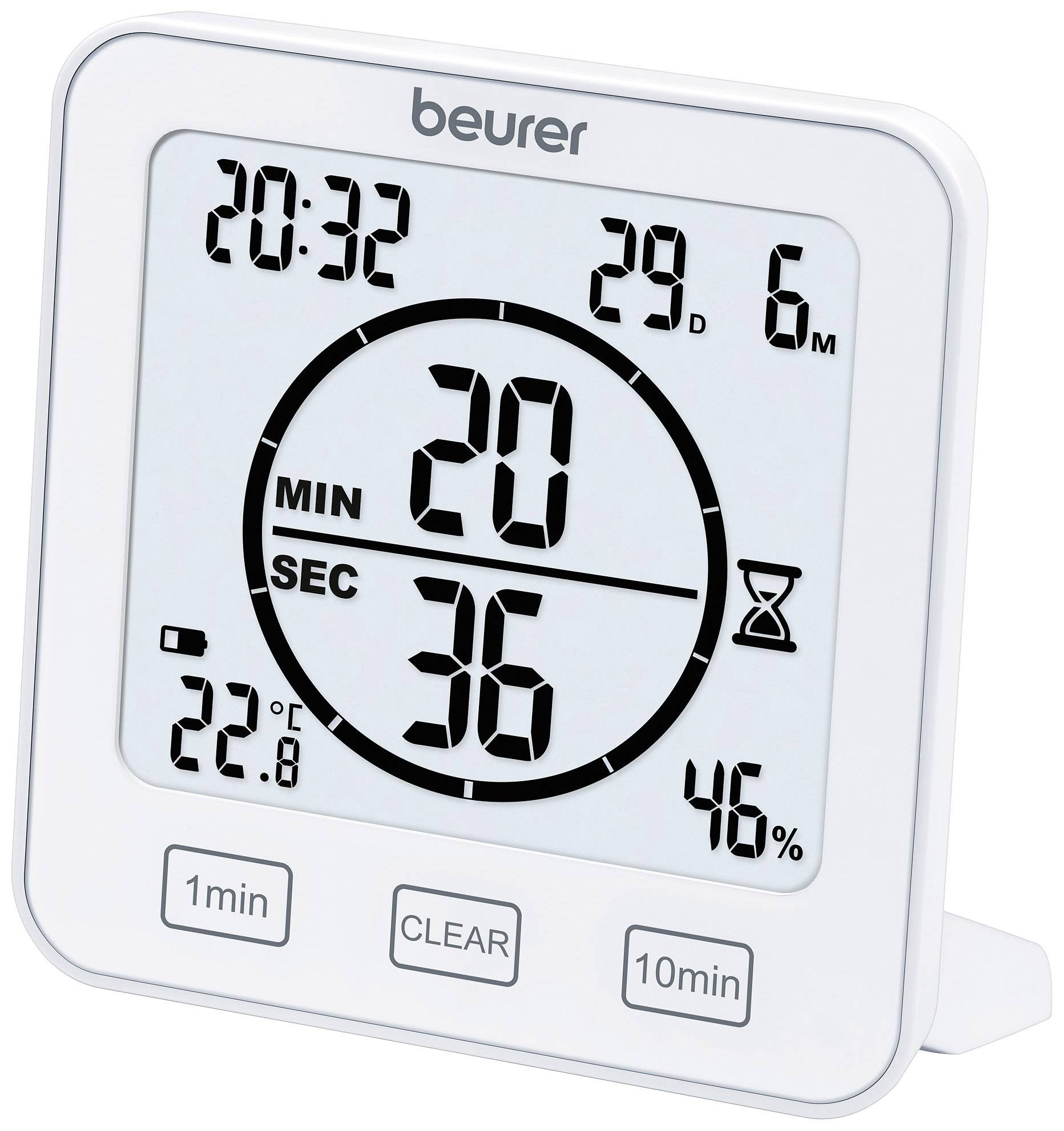 Digitale keukentimer met klok, temperatuurweergave (22,2°C), luchtvochtigheid (46%), afteltimer-scherm en bedieningsknoppen.
