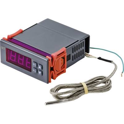 Een digitaal thermostaat met rode LED-display toont temperatuurwaarden. Ernaast ligt een temperatuursensor met kabel.