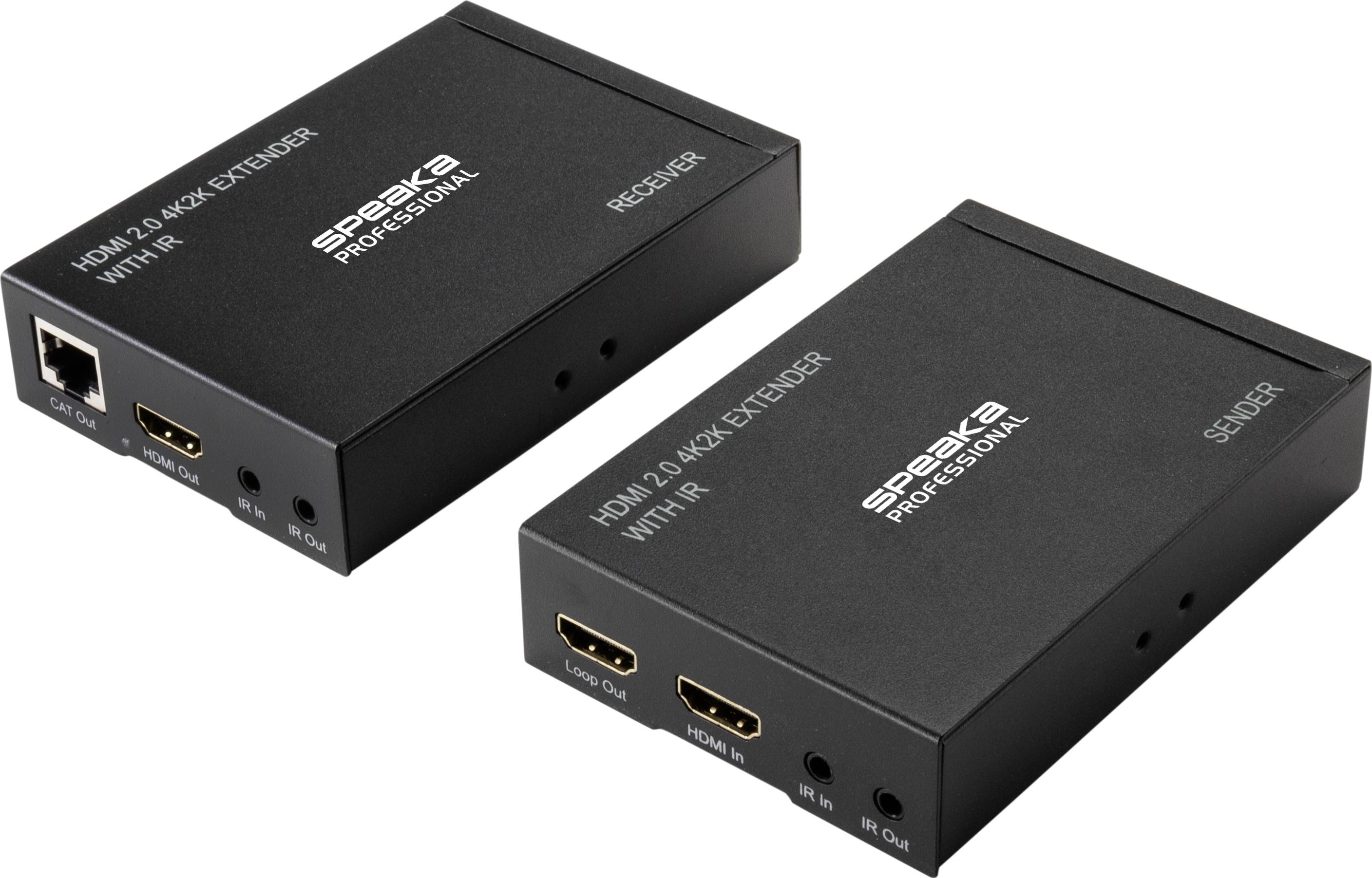 Twee zwarte apparaten met het opschrift 'SpeaKa Professional HDMI 2.0 4K2K Extender met IR', een met 'Ontvanger', de andere met 'Zender' aangeduid.