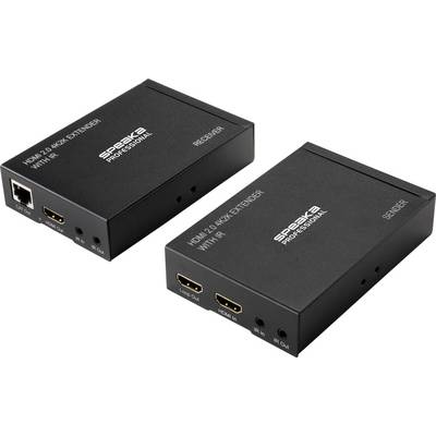 Twee zwarte apparaten met het opschrift 'SpeaKa Professional HDMI 2.0 4K2K Extender met IR', een met 'Ontvanger', de andere met 'Zender' aangeduid.