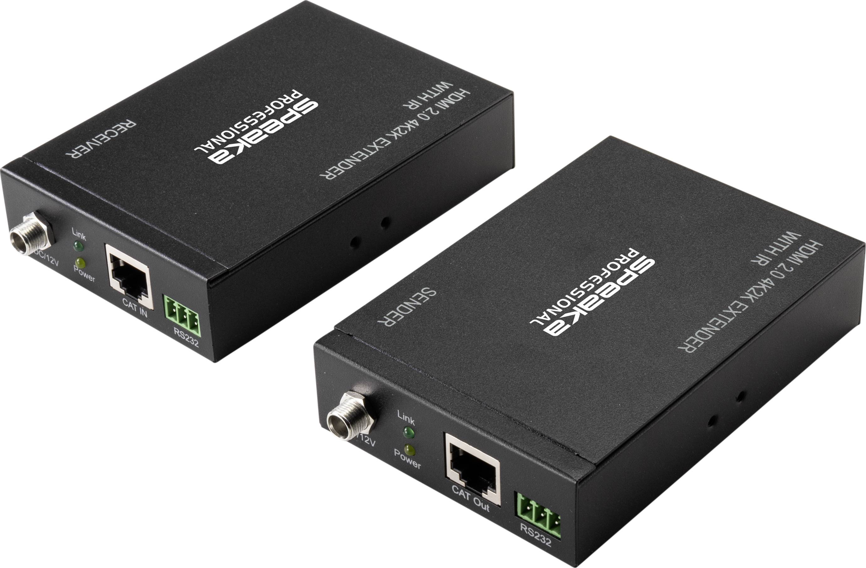 Twee zwarte digitaal-naar-analoog-converters met aansluitingen en LED-indicators, die worden gebruikt voor het converteren van HDMI-signalen.