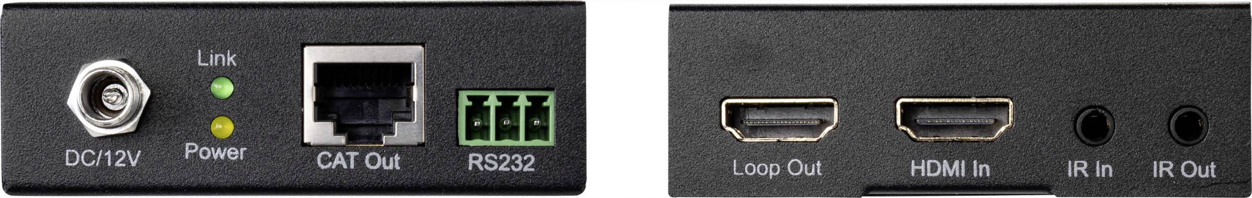 'Achterkant van een elektronisch apparaat met aansluitingen: DC/12V, CAT Out, RS232, Loop Out, HDMI In, IR In, IR Out. Twee LED's: Link en Power.'