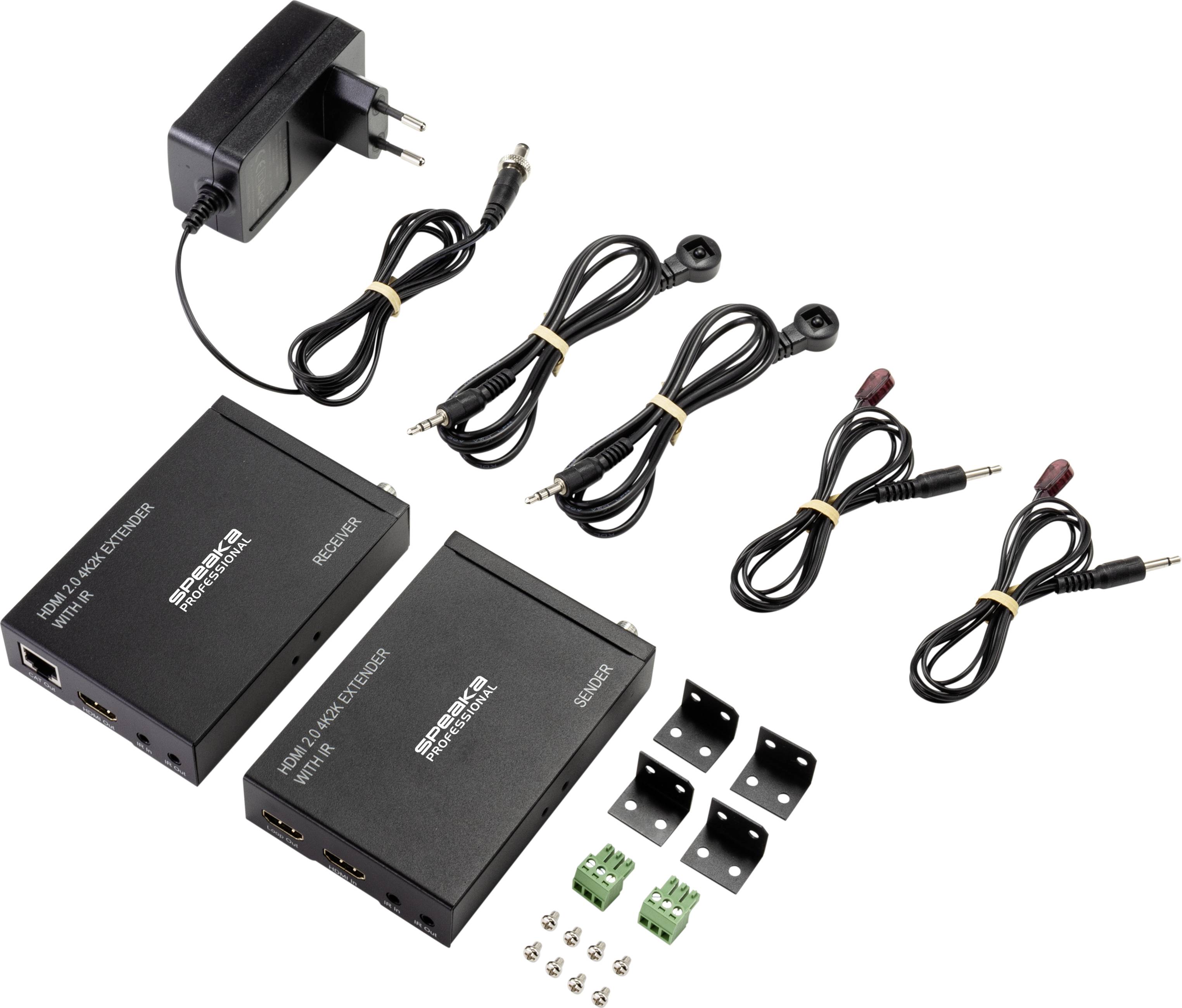 Twee HDMI-extenders met voeding, IR-kabels en montagetoebehoren. Breidt HDMI-signalen uit over grotere afstanden.