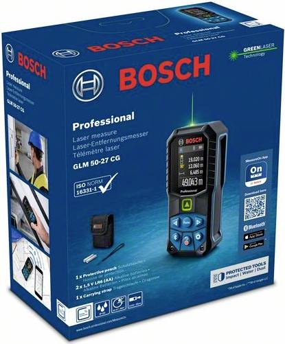 Verpakking van een Bosch laserafstandsmeter GLM 50-27 CG met Bluetooth en robuste behuizing. Functies en toebehoren afgebeeld.